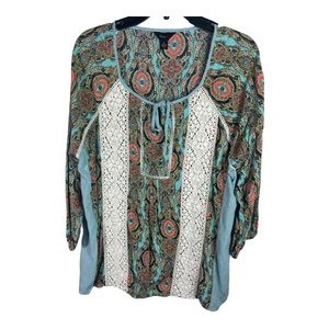 Intro Geometric Boho Print Blue Long Sleeve Top Blouse Womens Size Large Y205